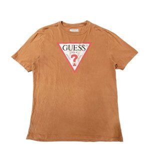 Men's Vintage GUESS Distressed Graphic Print Brown Short Sleeves‎ T-shirt SMALL